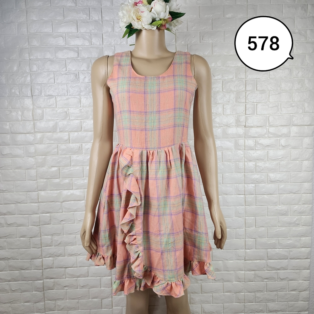 Small Plaid Mini Dress Zip Back Ruffle Hem Cute Casual Party Women Dress
